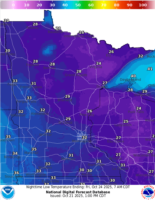 Forecast low temperatures Friday