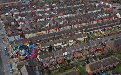 Aerial view of Liverpool with Ringo Starr mural visible on house