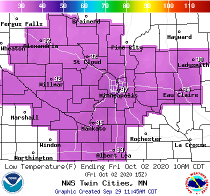 Low temperature forecast for Twin Cities area Friday morning