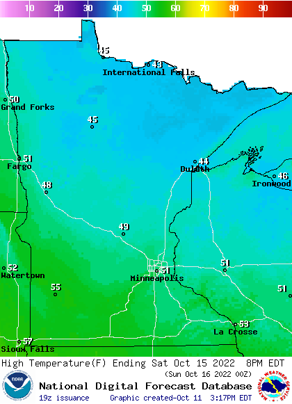 Forecast high temperatures Saturday