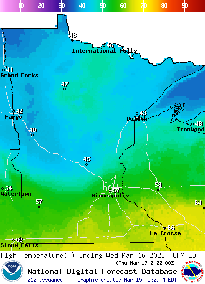 Forecast high temperatures Wednesday-pm