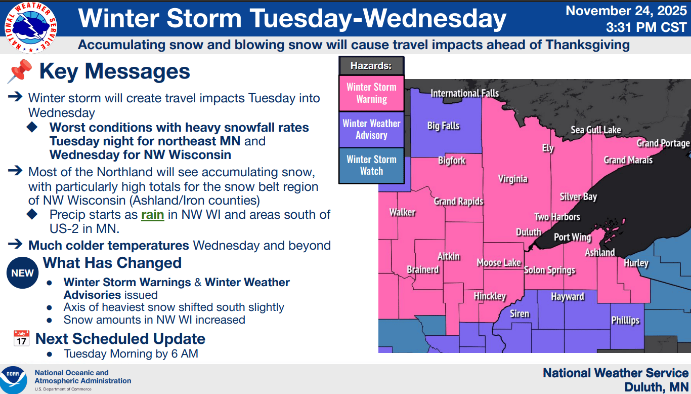 Winter weather warnings and advisories for northern Minnesota.