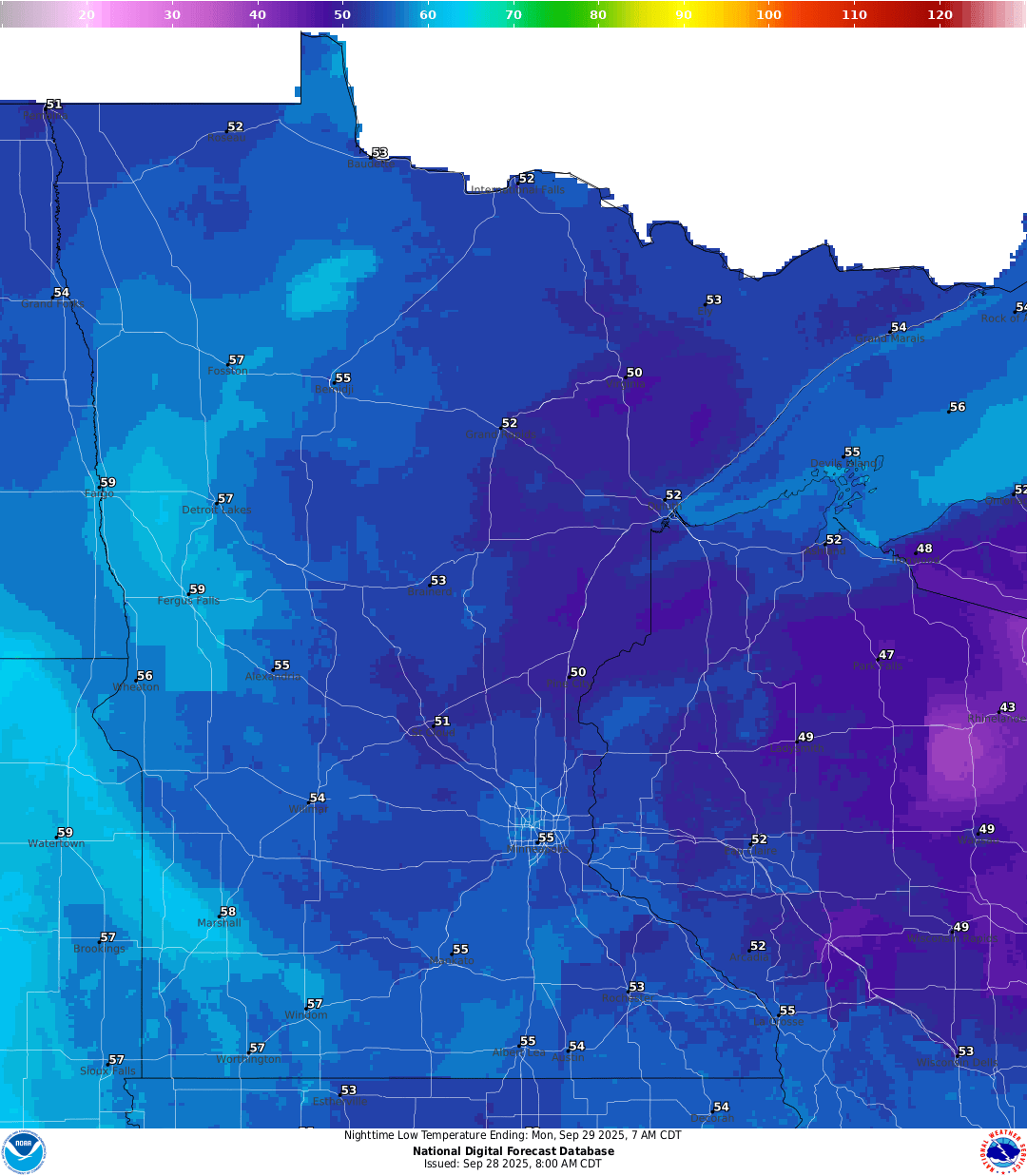 Lows for Sunday night