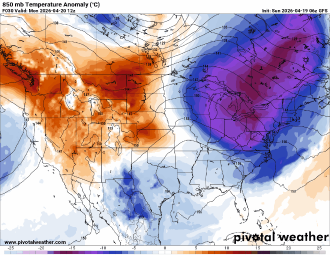850 millibar temperature anomalies for Monday morning through Thursday morning