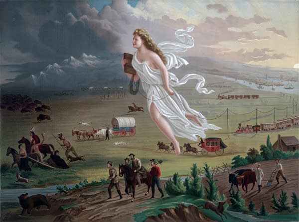 A painting of a large woman in a toga and U.S. settlers, accompanied by railroads and covered wagons, driving out Indigenous communities in the American West.