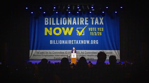 Above, Sen. Bernie Sanders speaks at the Billionaire Tax Now rally on Feb. 18, in Los Angeles.
