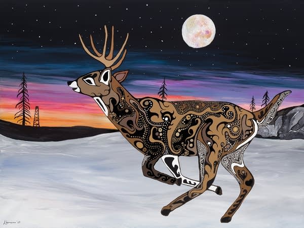 An artistic work of a deer running through a snowy night scene.