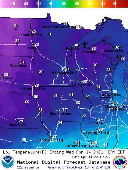 Forecast minimum temps Wednesday
