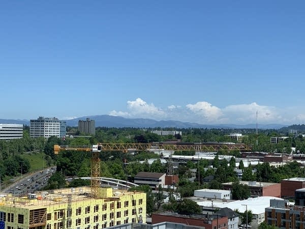 View overlooking Portland, OR, w/ construction crane in foreground