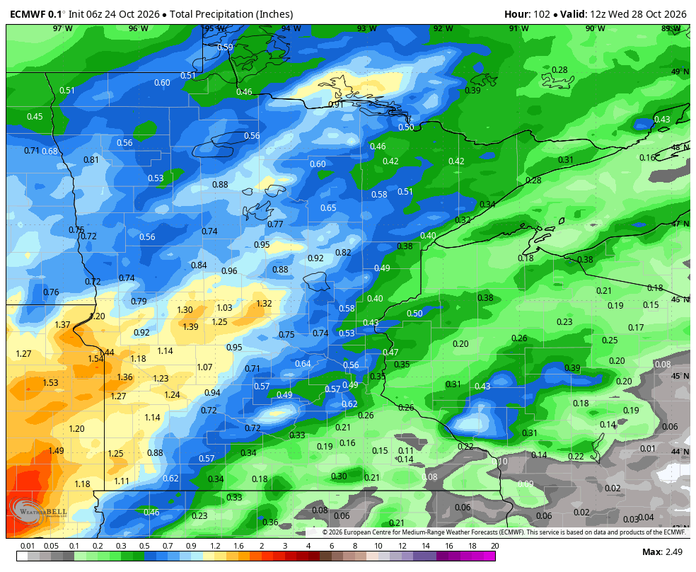Forecast total precipitation through Wednesday morning