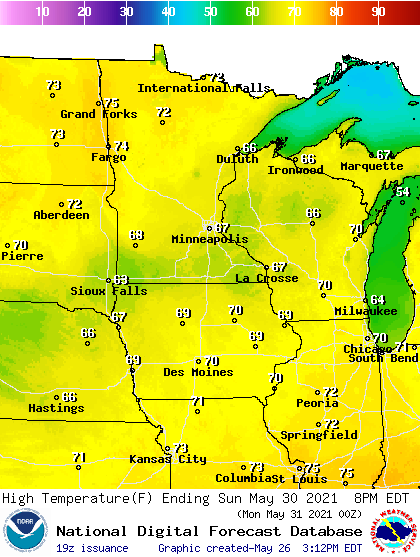 Forecast high temperatures Sunday