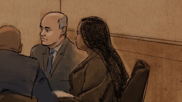 Courtroom sketch of the hearing for Nekima Levy Armstrong and Chauntyll Allen.