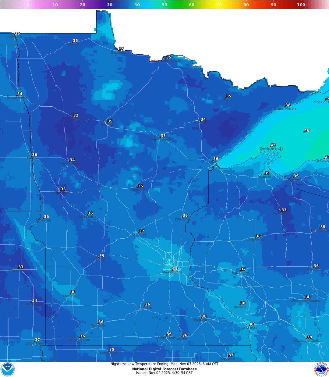 Lows for Sunday night