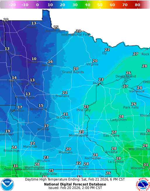 Forecast high temperatures Saturday