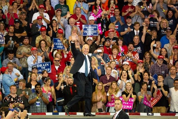 Pete Stauber takes the stage at the Make America Great Again rally.