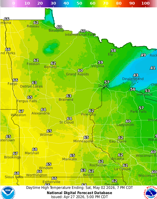 Forecast high temperatures Saturday