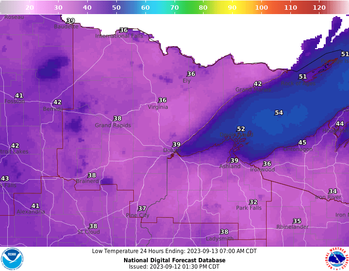 Forecast low temperatures Wednesday morning