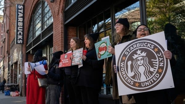 The funding increase for the National Labor Relations Board comes at a time of high-profile labor organizing. Above, Starbucks workers on strike in Brooklyn, New York, in November.
