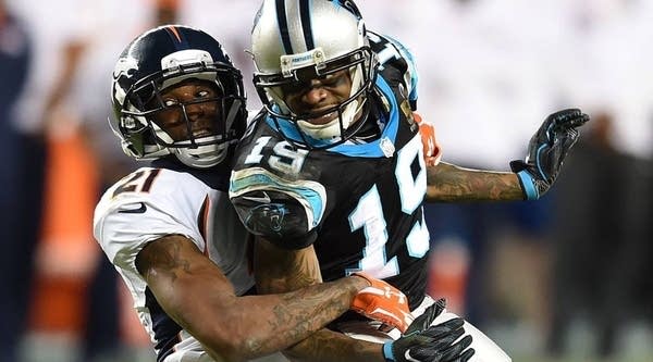 Aqib Talib of the Denver Broncos vies for position with Ted Ginn, Jr. of the Carolina Panthers during Super Bowl 50 at Levi's Stadium in Santa Clara, California February 7, 2016.
 