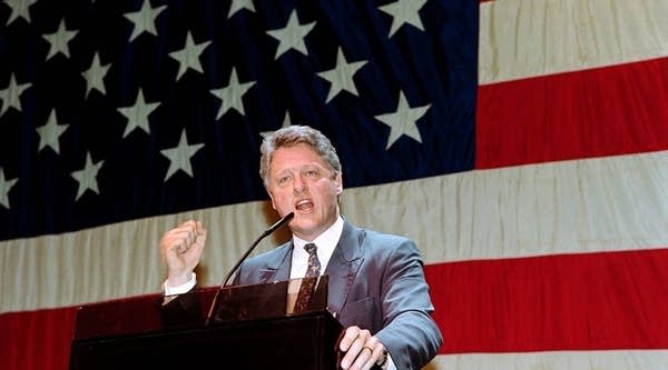 Then-presidential candidate Bill Clinton pumps his fist during his celebration party on April 7, 1992 in New York.