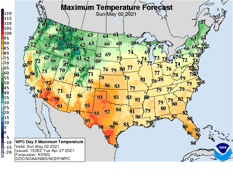 Forecast high temperatures Sunday
