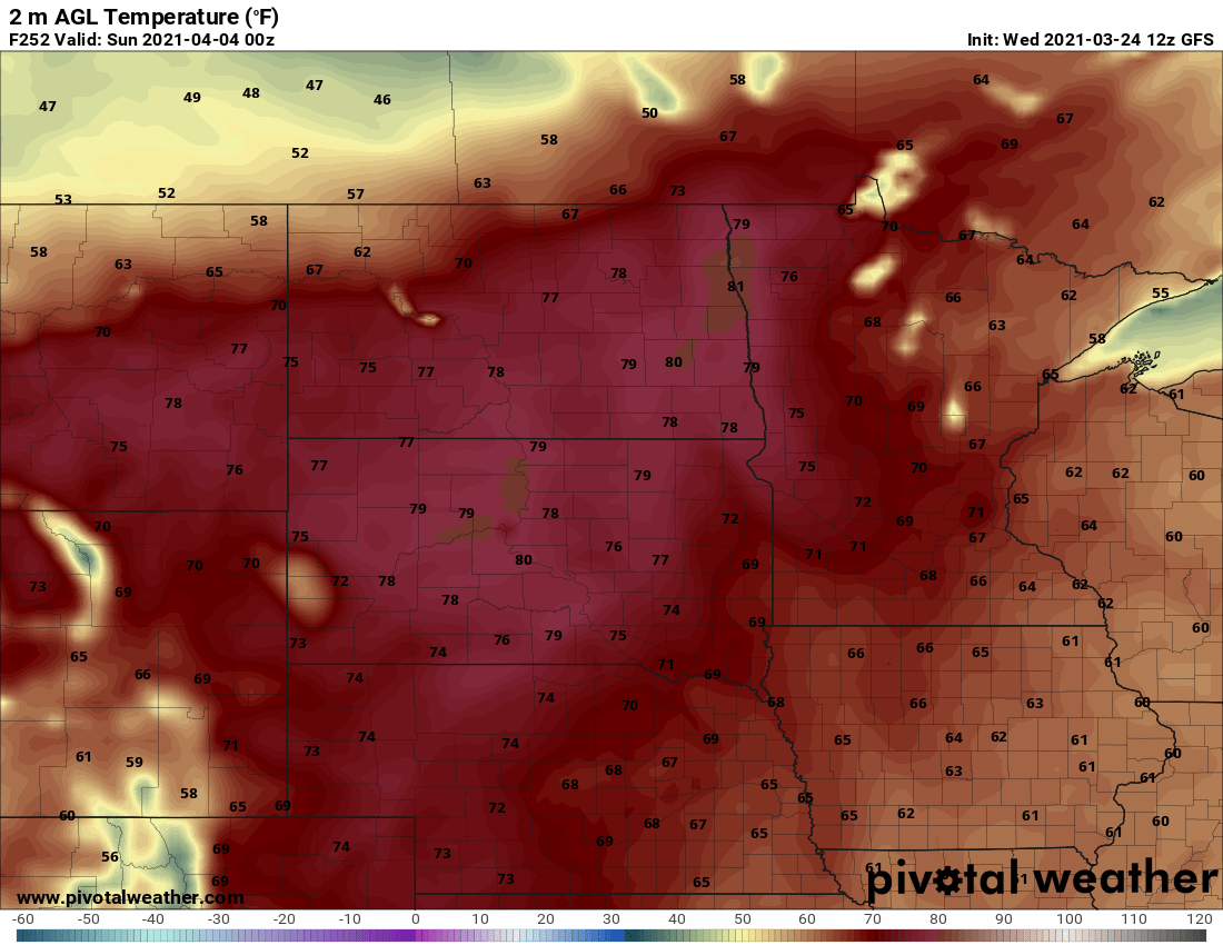 NOAA GFS temperature forecast for 7 pm Saturday April 3