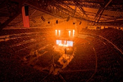 Fireworks going off on stage at US Bank Stadium