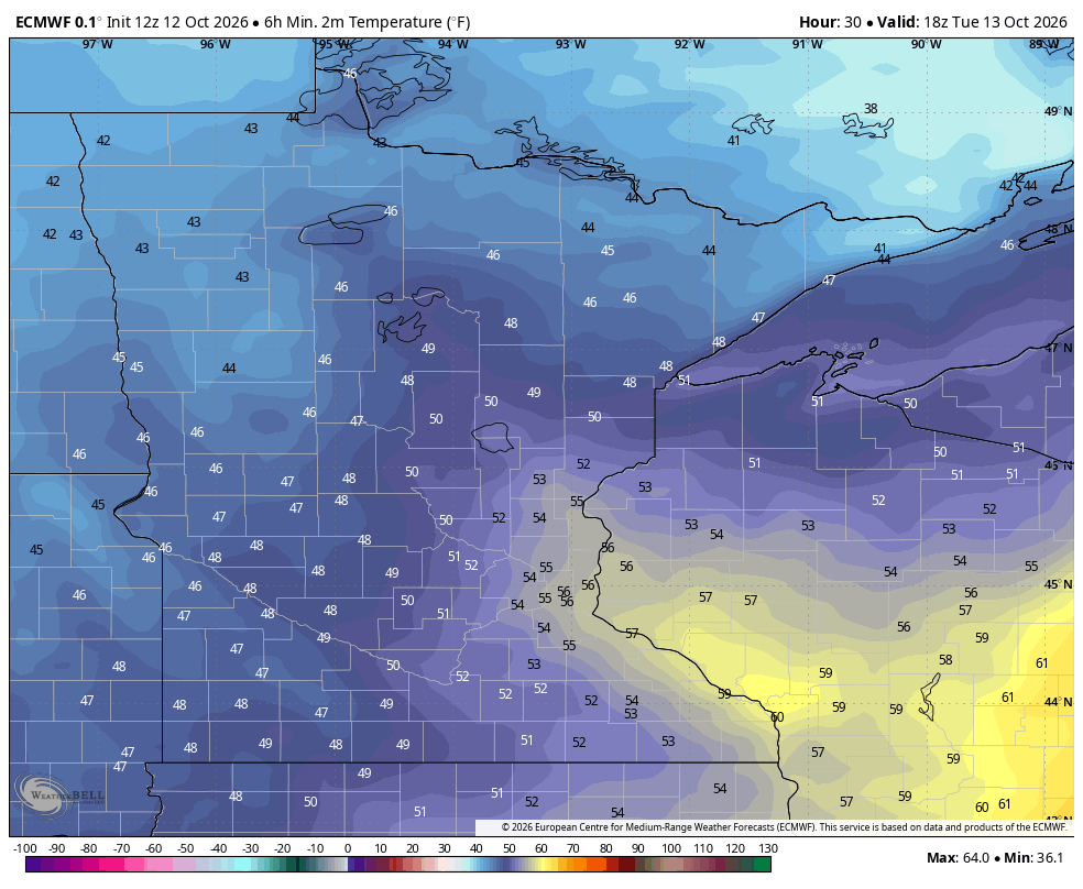 Low temperatures across Minnesota on Tuesday