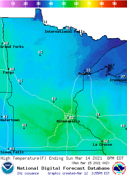 Forecast high temperatures Sunday