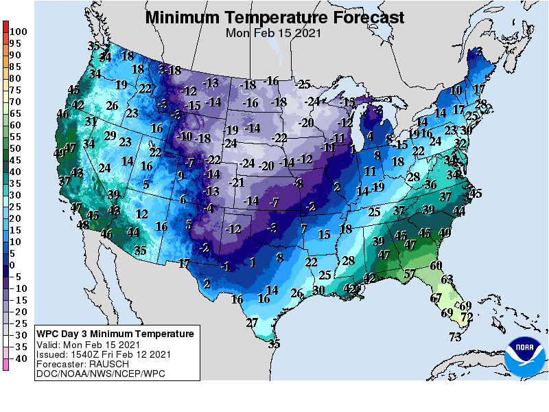 Forecast low temperatures Monday morning