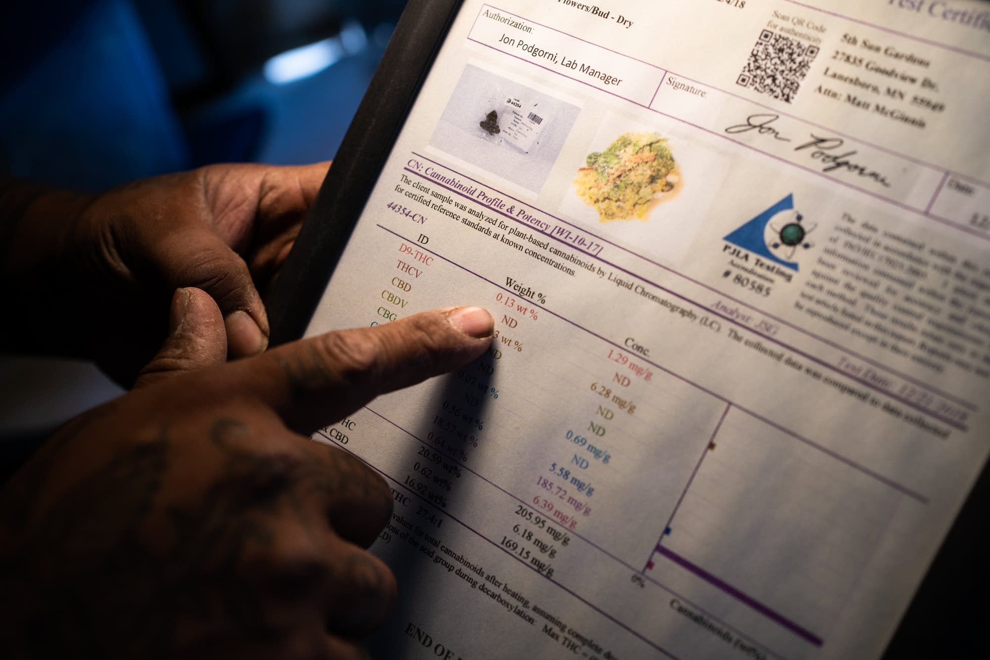 Luis Miguel Hummel shows test results from an independent lab.