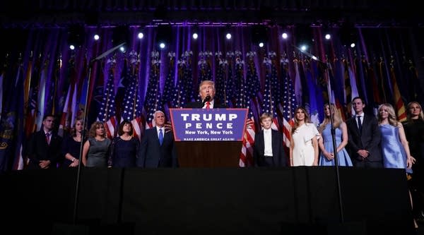 Republican president-elect Donald Trump delivers his acceptance speech during election night. 