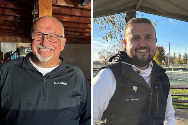 Side-by-side image. On the left, a man in a black quarter-zip smiles for a photo. On the right, a man in a black vest poses for a photo in a park.