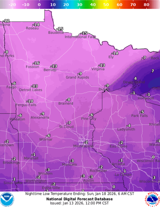 Forecast low temperatures Sunday