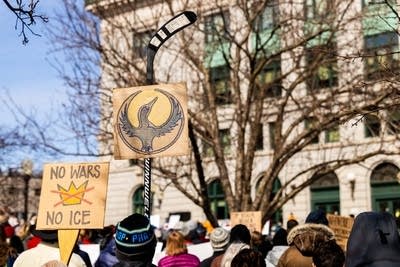 A person holds a rebel loon sign