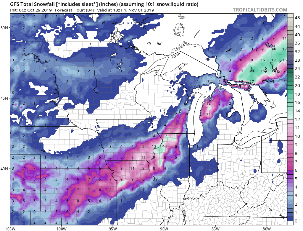 NOAA GFS snowfall output through Halloween.