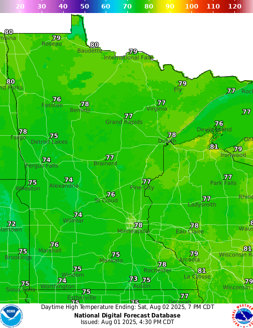 Forecast high temperatures Saturday