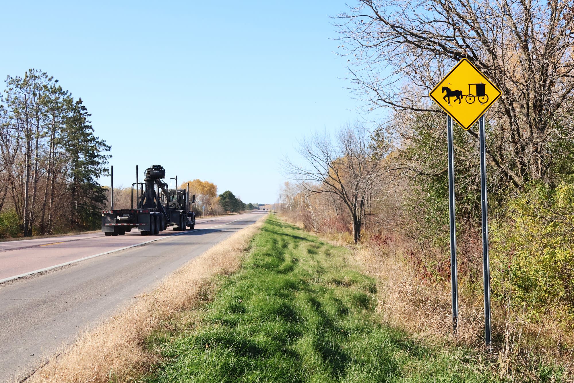 A sign along Minnesota Highway 71 in Todd County cautions motorists to watch for horse-drawn buggies, a common sight in a region populated by Amish and Mennonite residents. Kirsti Marohn | MPR News