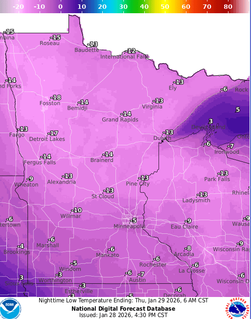 Forecast low temperatures Thursday