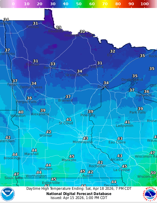 Forecast high temperatures Saturday