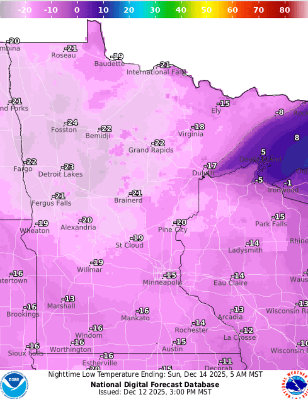 Forecast low temperatures Sunday
