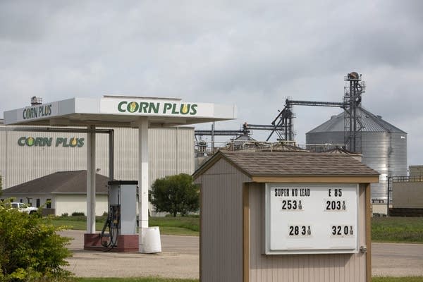 An ethanol fueling station in front of a processing plant. 