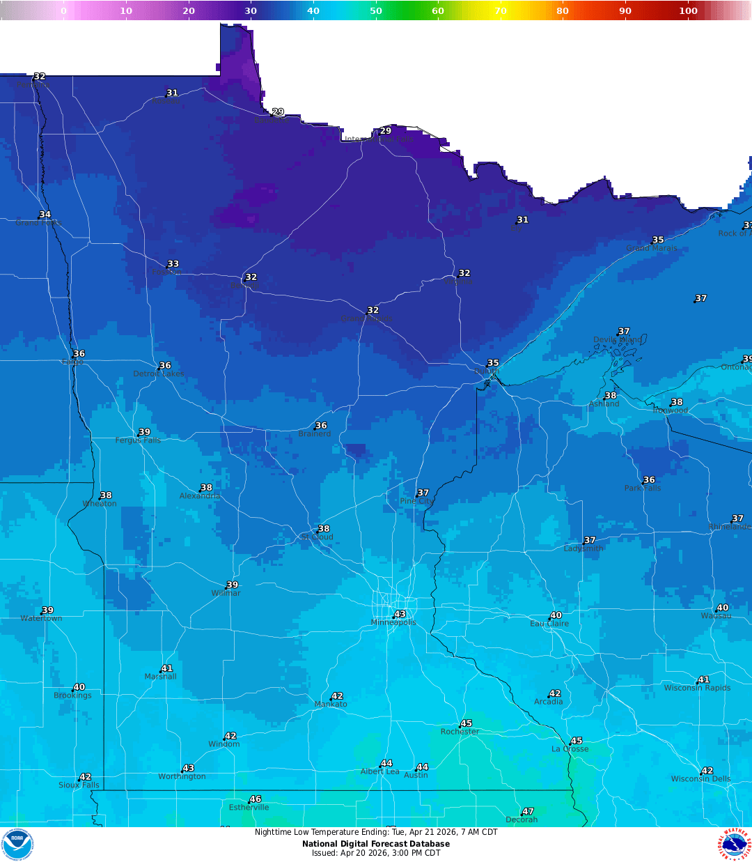 Lows for Monday night