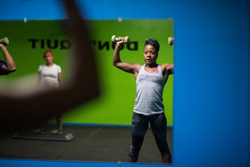 Samantha Pierce works out during a hip-hop aerobic class.