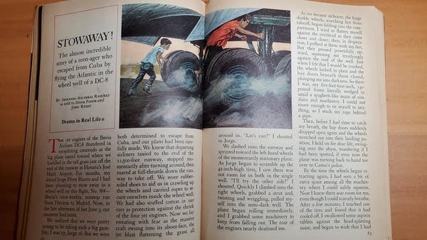 An open copy of Reader's Digest showing the original 1970 Stowaway story
