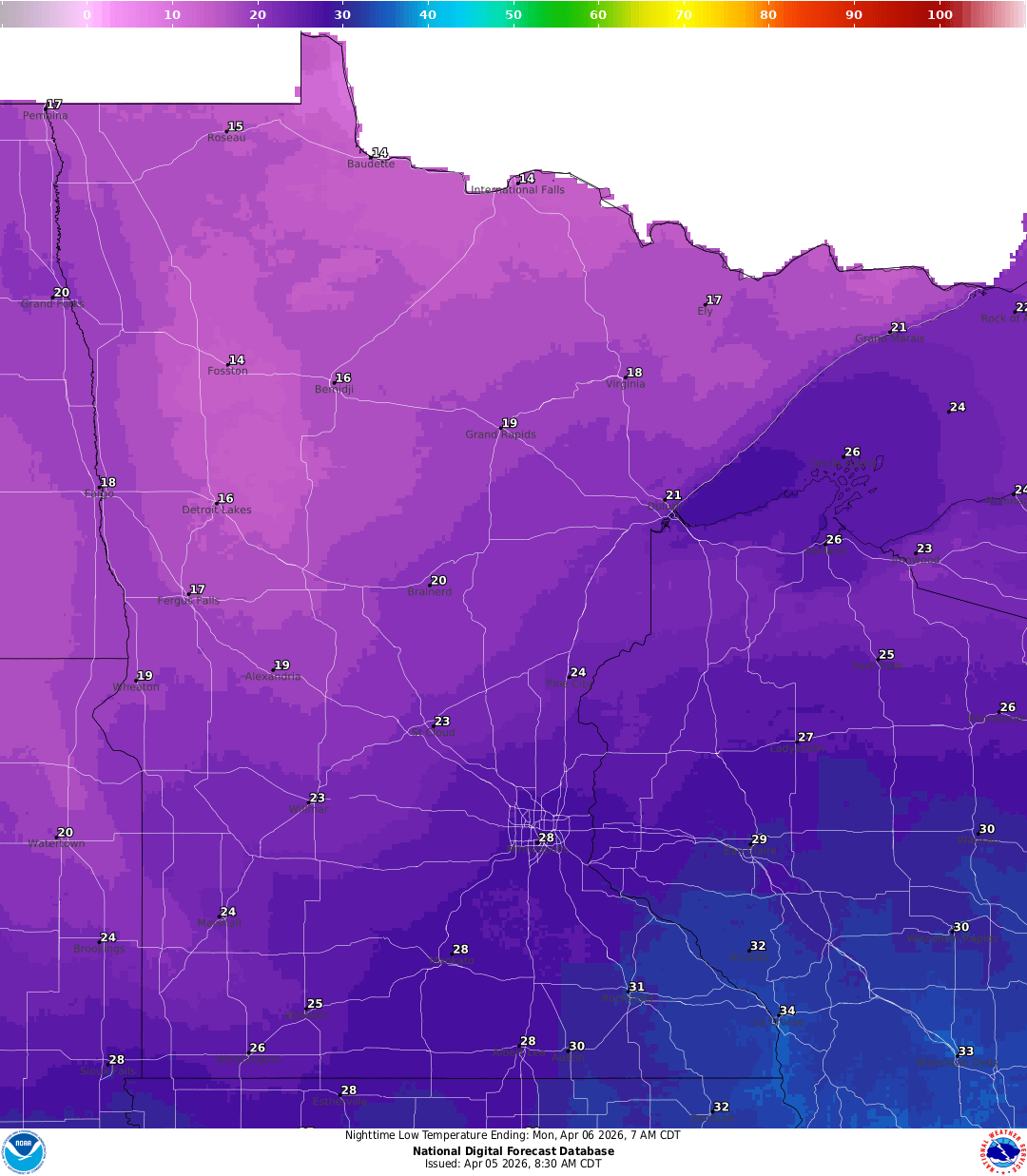 Lows for Sunday night