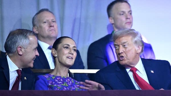 President Donald Trump with Canadian Prime Minister Mark Carney and Mexican President Claudia Sheinbaum. On Wednesday, the U.S. allowed its trade agreement with Canada and Mexico to expire.