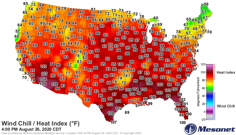 Heat index values Wednesday afternoon
