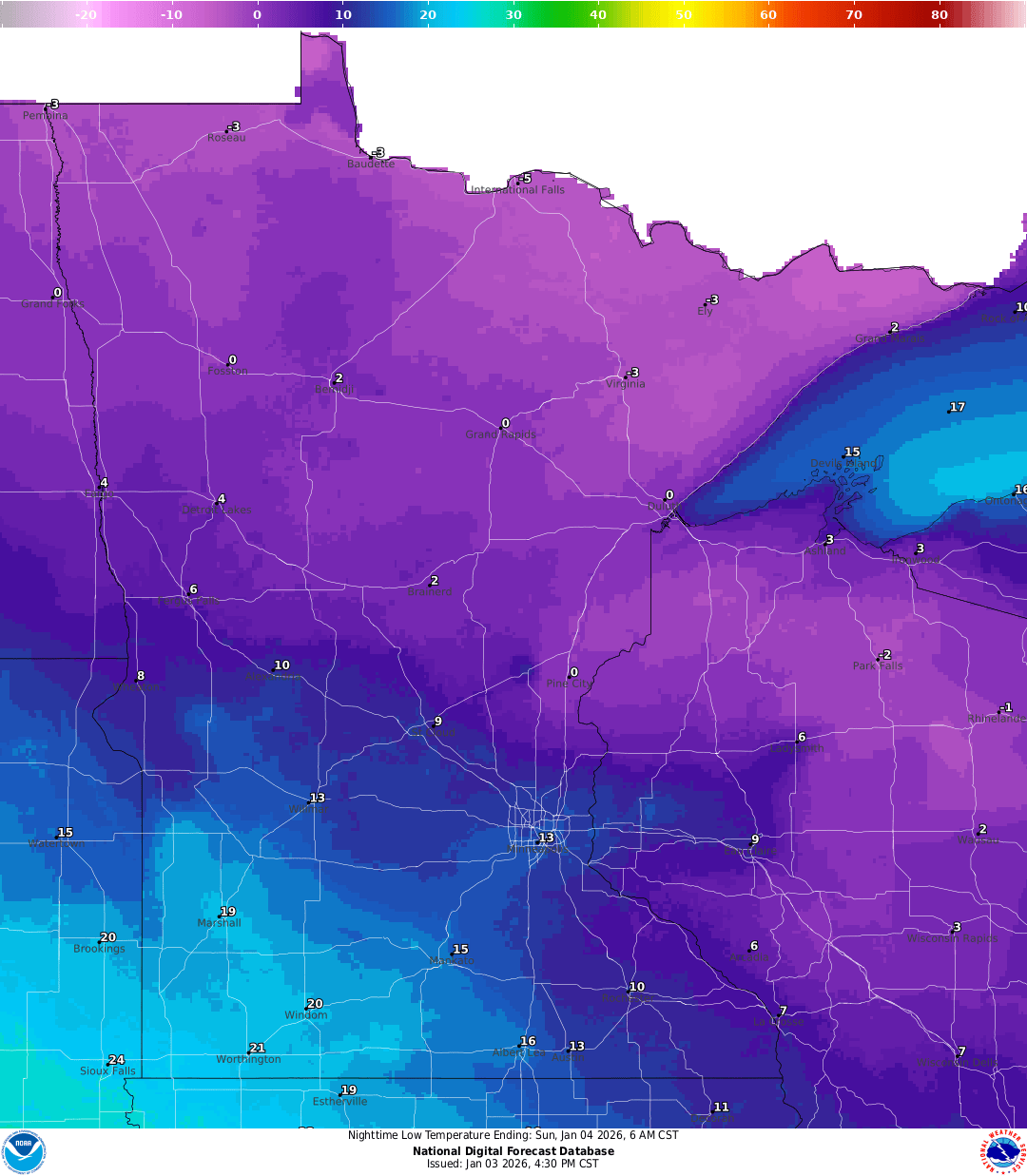 Lows for Saturday night