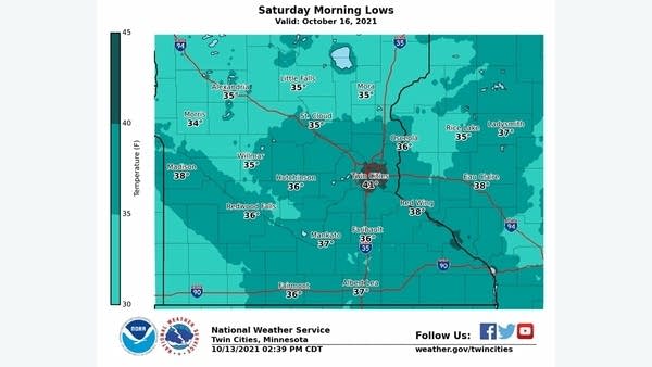 Forecast minimum temps Saturday